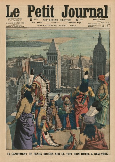 Een kamp van Indianen op het dak van een hotel in New York, voorpagina illustratie uit 